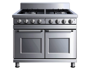 Stainless steel gas range with multiple burners and oven for home kitchens, cooking, and culinary preparations, transparent background