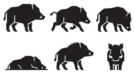 Obraz premium Collection of stylized black silhouettes of wild boars in various poses, isolated on a white background.