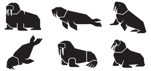 Set of six stylized black walrus icons in different poses, isolated on a white background. © Riki
