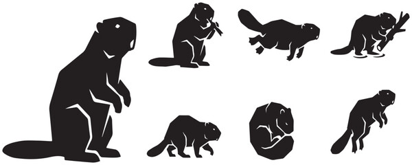 Fototapeta premium Collection of black silhouette illustrations of beavers in various poses and activities.