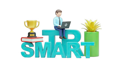 Man working on laptop on SMART letters, success concept