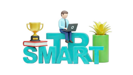 Man working on laptop on SMART letters, success concept