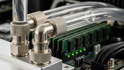 Close-up of a computer's internal components with metal tubes and green circuit board