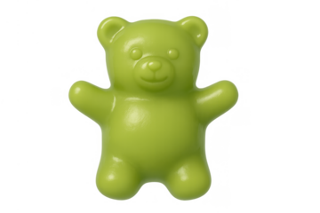 Green gummy bear standing, sweet chewing candy, a delicious snack for kids and adults, transparent background