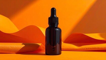 Amber Dropper Bottle with Oranges, Peppercorns, and Greenery on Vibrant Orange Background