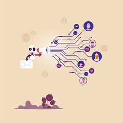 Artificial intelligence in digital marketing, use artificial intelligence in social media, AI robot holds megaphone to communicate a discount promotion to customers