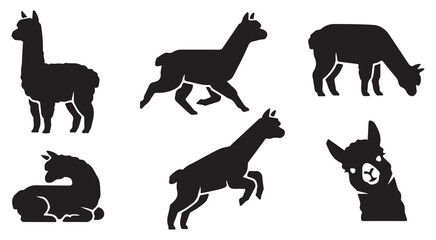 Obraz premium Collection of six black silhouette illustrations of llamas in various poses on a white background.