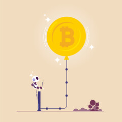 Robot using a pump to inflate cryptocurrency, artificial Intelligence help and support cryptocurrency Investment, extracting cryptocurrency bitcoin with advanced technology