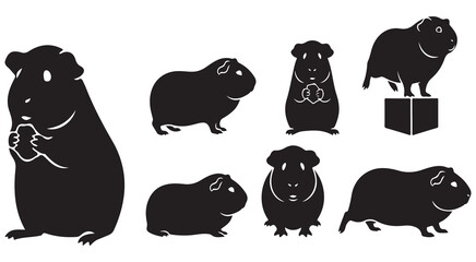Obraz premium Collection of black silhouette illustrations of guinea pigs in various poses and activities.