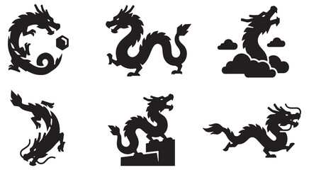 Obraz premium Collection of stylized black dragon illustrations in various poses and designs.