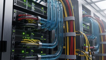 Close-up view of a server with colorful cables and wires neatly organized in a data center