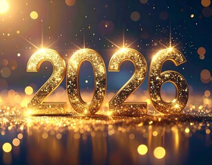 Golden 2026 numerals sparkle on a festive, bokeh-filled background