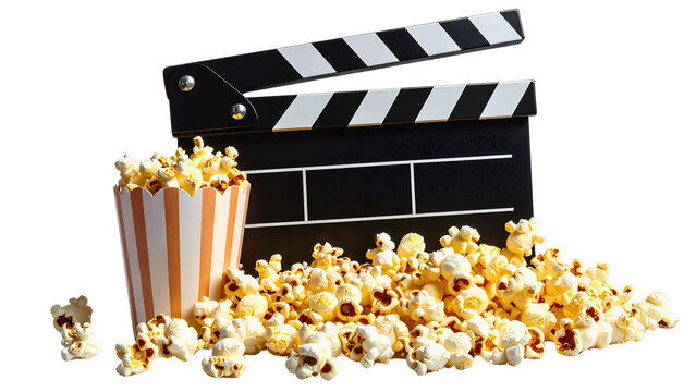 Clapperboard and scattered popcorn representing film creativity, cinema entertainment, and video production on a transparent background