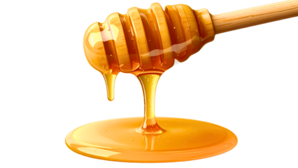 Golden honey pouring and dripping, creating a pool of sweet viscous liquid. Transparent background for easy layering