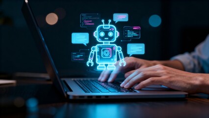 Person typing on laptop with robot graphic