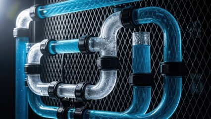 Close-up of a network of interconnected blue tubes and fittings on a metal grid background.