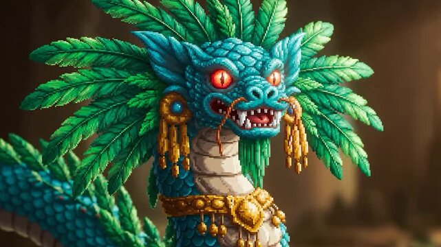 A detailed digital illustration of a pixelated mythical serpent with a crown of green feathers