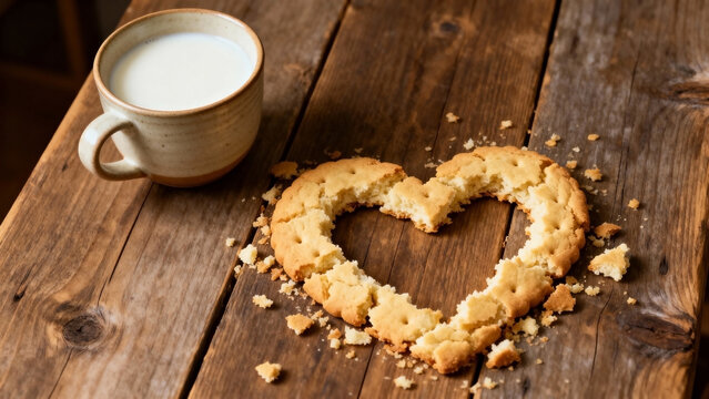 Heart-shaped cookie crumbs with cup of milk on wooden table   - Powered by Adobe