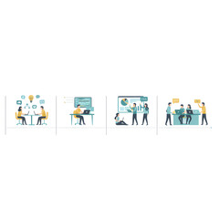 vector illustration of office workers arranged along a horizontal timeline, each stage showing different work activity like planning, execution, review, collaboration