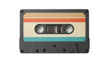 Retro compact cassette tape with red and teal label stripes, analog audio media closeup, isolated on white background