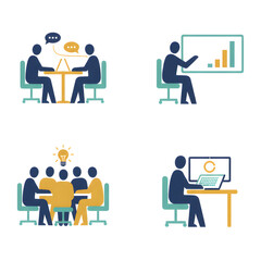 ultra-minimal vector illustration using simplified human silhouettes working in office scenarios