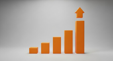 A 3D render of an orange bar graph with an upward arrow indicating growth against a textured gray background. Represents business success and positive financial trends.