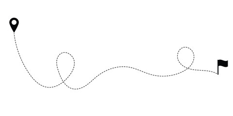 Dotted line art with location pointer and flag, address, map pointer sign on isolated background. Travel map icon with curve dotted path © mahbub studio