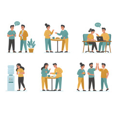vector illustration capturing small office culture moments &mdash; quick chats, smiles, coffee breaks, teamwork