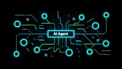 Ai agent circuit board with neon lights on black background