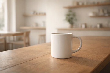 A white ceramic mug sits on a light wooden table in a bright, minimalist kitchen setting with blurred background.