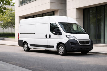 A white commercial delivery van parked on an urban street next to a modern building.