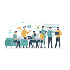 creative vector illustration showing visible energy lines flowing between people collaborating in a modern office, idea exchange concept, abstract motion graphics style