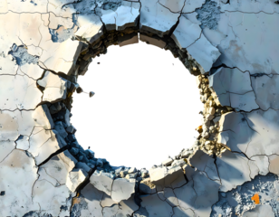 Cracked white plaster wall showing damage and a central hole. The background is transparent. Ideal for overlay effects