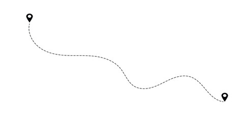 Dotted line art with location pointer, address, map pointer sign on isolated background. Travel map icon with curve dotted path