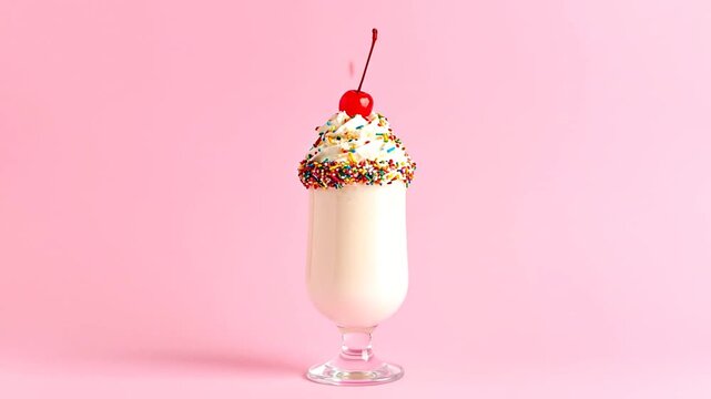 A tall glass of cream-colored beverage topped with whipped cream, sprinkles, and a cherry on a pink background