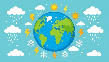 A vibrant illustration depicts Earth encircled by weather elements like clouds, rain, sunshine, lightning, and snowflakes. A light-blue background