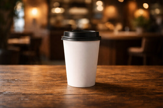 A white disposable coffee cup with a black lid sits on a rustic wooden table in a dimly lit cafe, with blurred background lights.