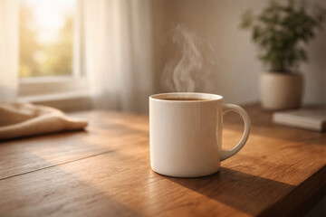 A steaming white mug of hot coffee sits on a rustic wooden table bathed in warm morning sunlight from a window.