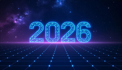 Futuristic 2026 New Year concept with glowing neon wireframe numbers over a digital grid and starry space background. Technology, innovation, and future celebration theme with copy space
