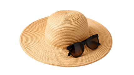 straw hat with black sunglass isolated on white background