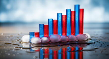 A conceptual image of a bar graph with red and blue bars surrounded by melting ice cubes and water on a wooden surface. The background is softly blurred.