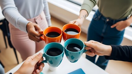 Four people clinking colorful coffee mugs together in a toast at a table with a window in the background