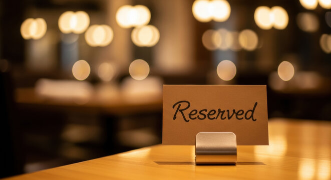 A 'Reserved' sign sits on a wooden table in a restaurant. Soft, warm bokeh lights illuminate the background, creating a cozy evening dining atmosphere.