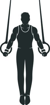 Professional male gymnast silhouette vector performing on still rings. Perfect for gymnastics competition branding, fitness club logos, Olympic sports designs, and strength training.