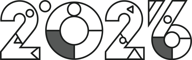 Striking geometric design featuring the year 2026 rendered in modern abstract outline typography with monochrome elements