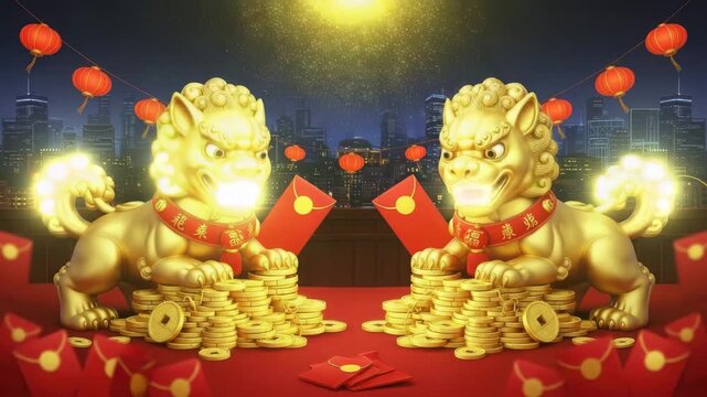 Golden lion statues with red envelopes and coins on a table at night