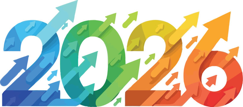 Concept of year 2026 growth and upward trend represented by colorful arrows symbolizing business progress and success