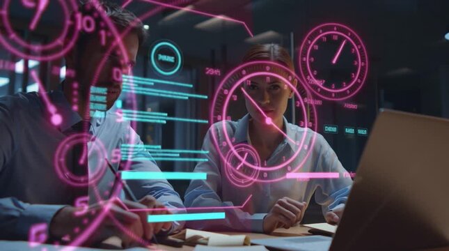 Ultra-realistic office video of an employee showing a glowing automated dashboard on a laptop to their manager, progress bars completing instantly, holographic timers showing 10 hours saved