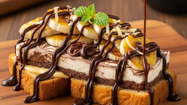 A decadent dessert featuring a layered chocolate and cream cake topped with bananas and chocolate sauce on toasted bread