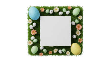 Top View Easter Grass Frame with Blank White Paper, Colorful Eggs, and Spring Flowers Isolated